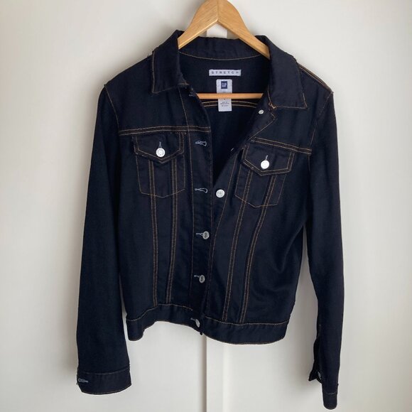 GAP Stretch Black Denim Jacket Small Cotton Spandex Trucker (Small) - Picture 1 of 7